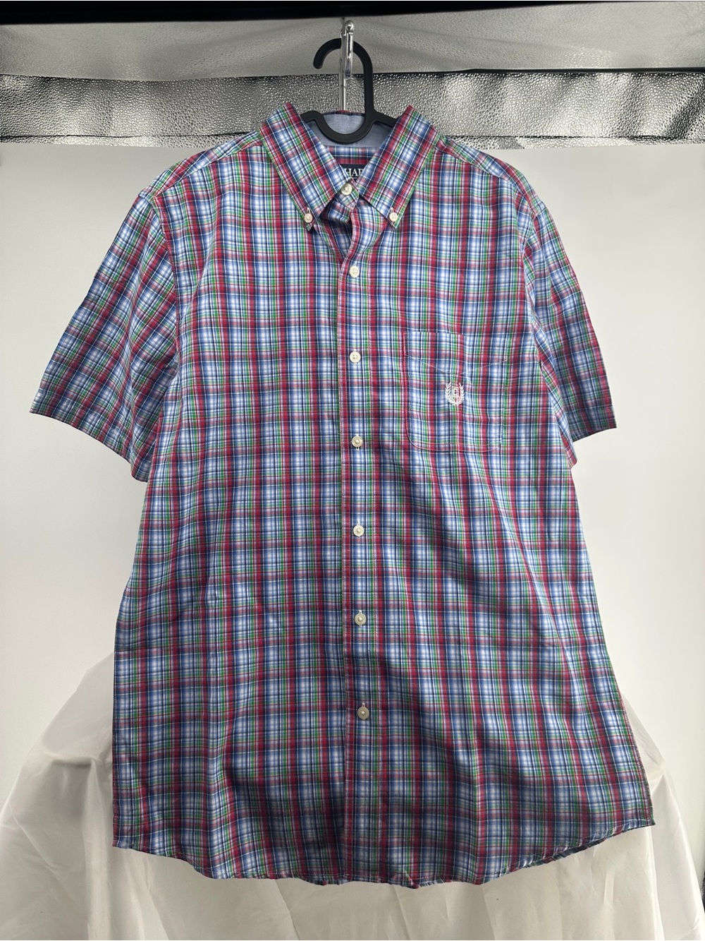 Chaps red and blue plaid button down shirt
